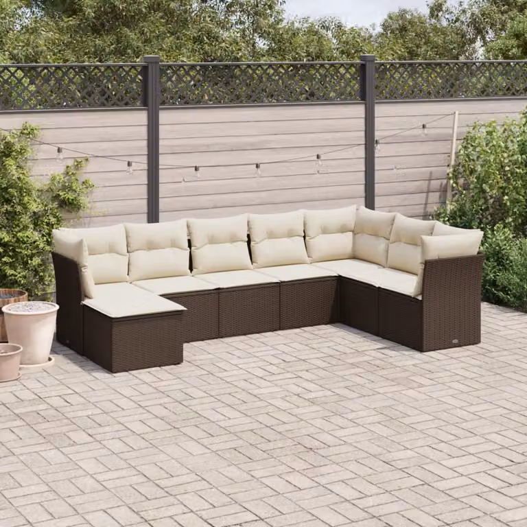 vidaXL Set Divani da Giardino a L 8 pz in Polyrattan Marrone con Cuscini e Ottoman