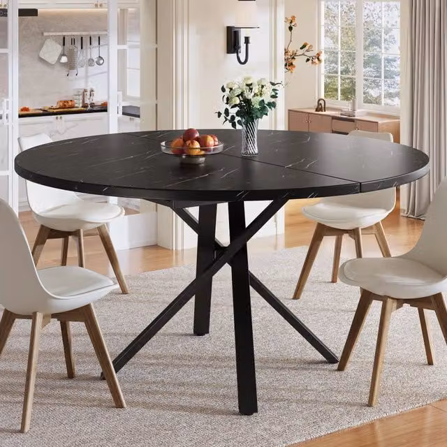 Tavolo da pranzo estensibile Mivray con piano in MDF laminato effetto marmo e gambe a X in metallo nero, estendibile da 100 a 140 cm