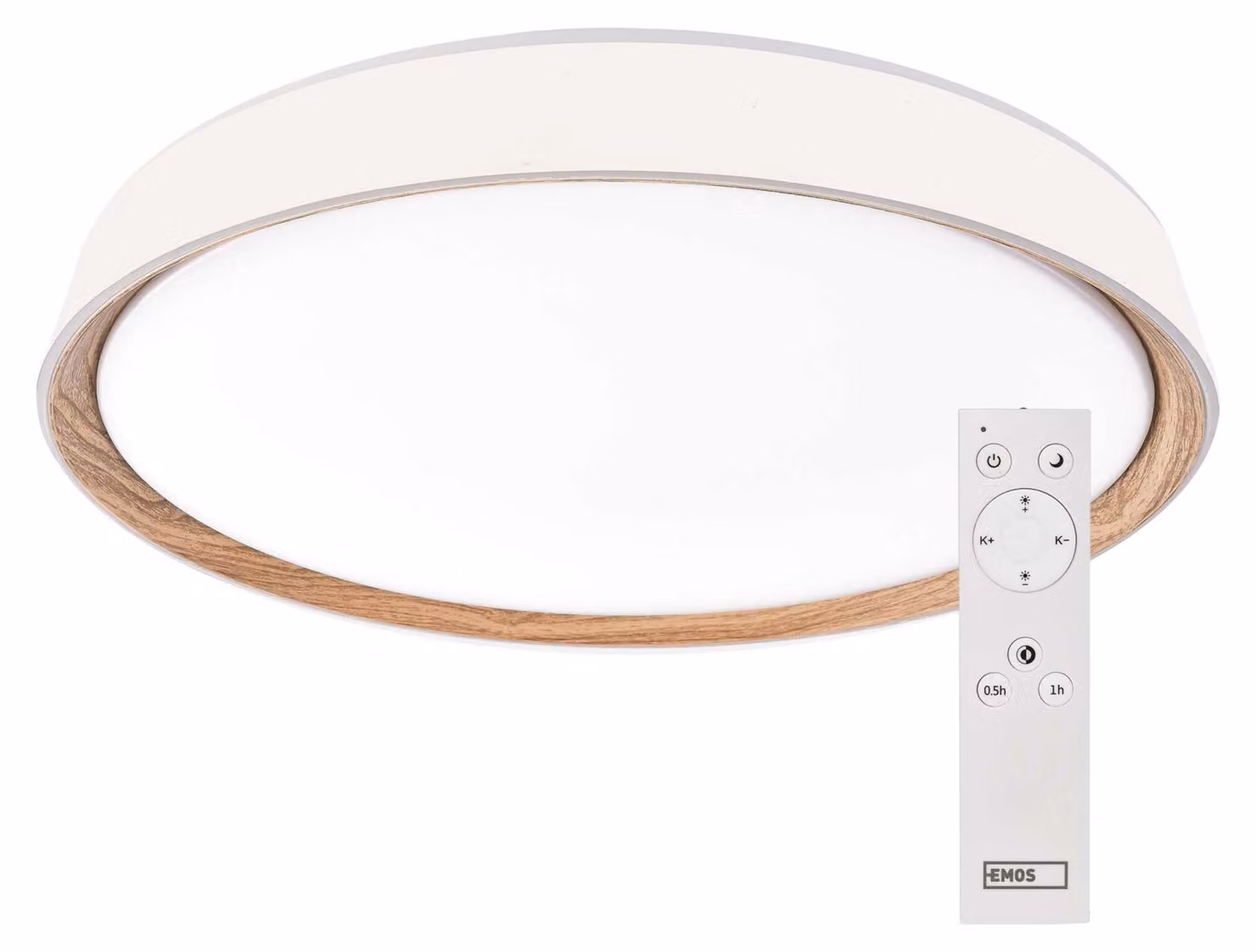 EMOS Lampada a soffitto LED, 30W, dimmerabile, con possibilità di scegliere la tonalità della luce, forma circolare, colore bianco/legno, modello ZM5114