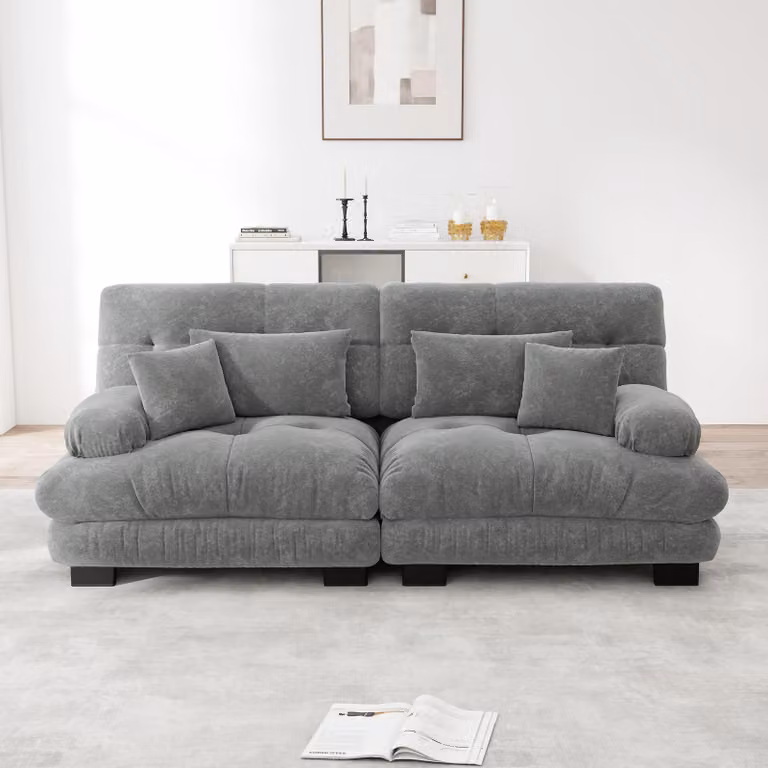 Divano angolare Sweiko Cloud per soggiorno, divano doppio in ciniglia con 2 cuscini lombari e 2 cuscini decorativi, struttura in legno massiccio, ciniglia grigio