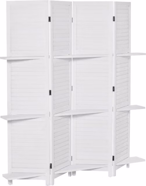 Paravento interno HOMCOM a 4 pannelli con 3 ripiani pieghevoli in legno di Paulownia, colore bianco, L: 160 cm, H: 170 cm
