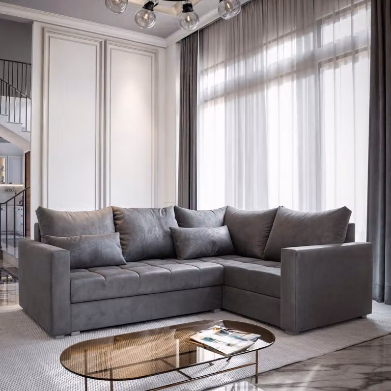 Divano angolare LIRENO R-S di Masseno con funzione letto a L, divano con box letto, divano da salotto, divano, divano, divano letto, set di divani - grigio, PAROS 06