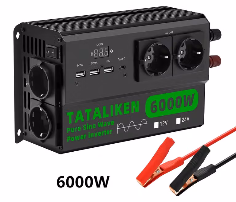 Inverter, 4 prese di corrente europee, ventola termostatica automatica, 6000W, colore nero