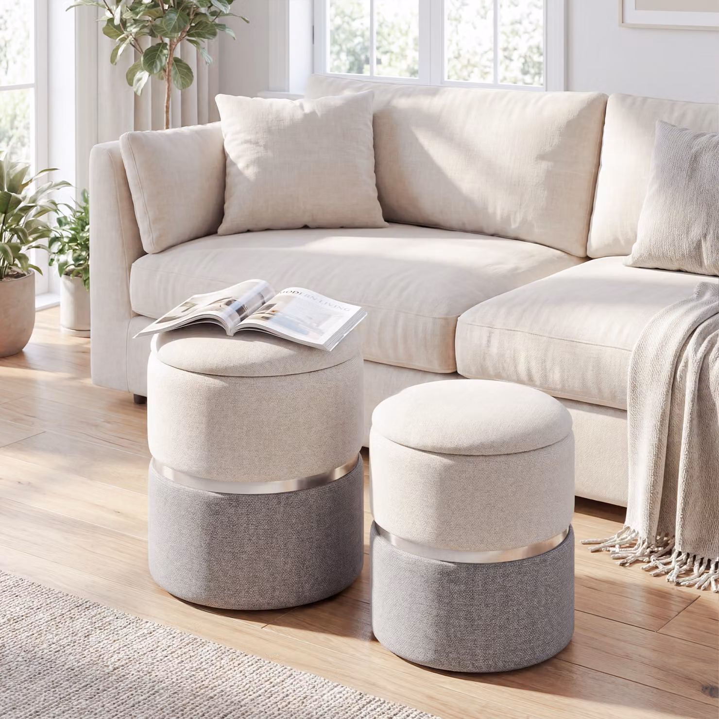 Set di 2 pouf rotondi Costway in tessuto con spazio di archiviazione nascosto, poggiapiedi moderni beige e grigio