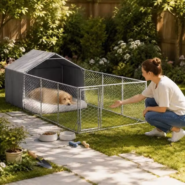 Cuccia Per Cani Da Esterno Con Recinto 6x2x1.5m Acciaio Zincato