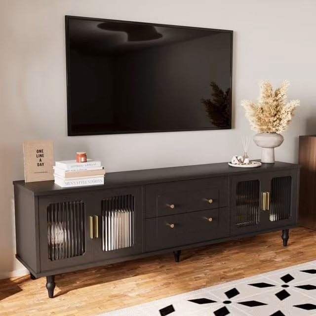 Mobile Porta TV Retro GL Store Nero con Vetro e Legno, L: 175 cm, P: 38 cm, H: 55,5 cm – 1