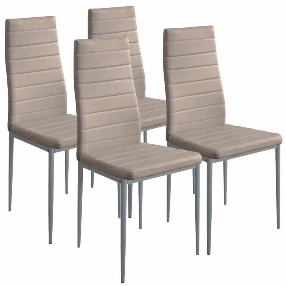 Set di 4 sedie da pranzo, rivestite in ecopelle color tortora, con struttura in acciaio, design moderno