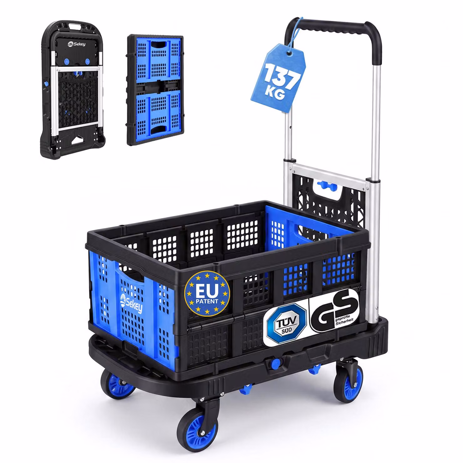 Carrello trasportabile pieghevole Sekey, con maniglia, cesto rimovibile, 2-in-1, ruote piroettanti a 360 gradi e maniglia regolabile in altezza su 3 livelli