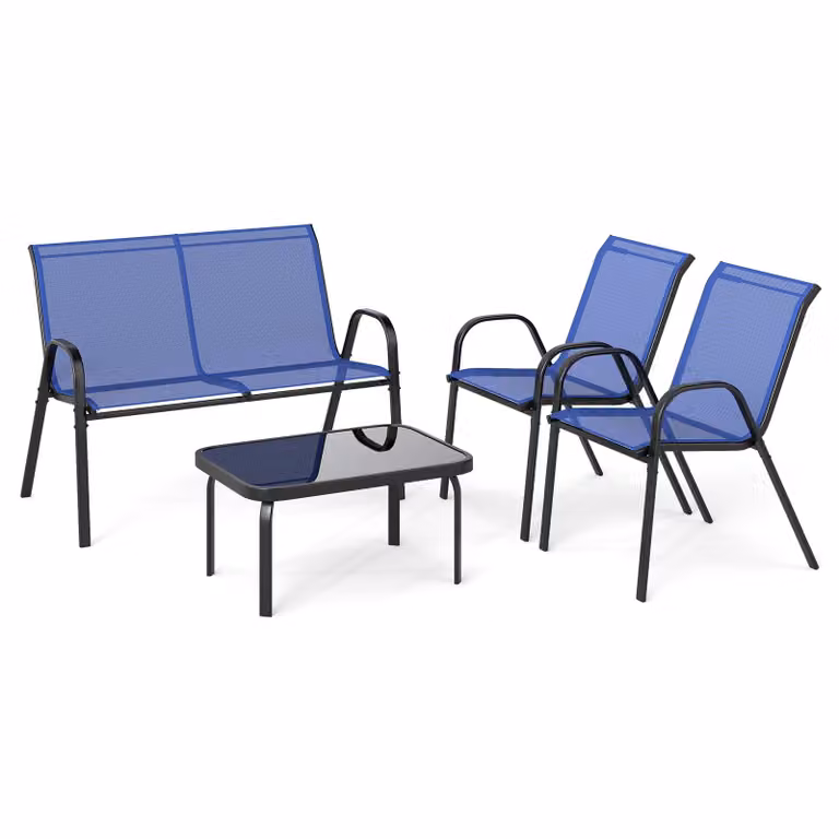 COSTWAY Set di mobili da giardino 4 pezzi, mobili da balcone, mobili da patio, set di sedute per 4 persone, set da giardino con 2 sedie, panca e tavolo blu