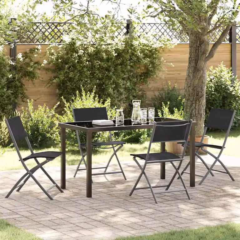Set da Pranzo per Giardino e Terrazzo vidaXL in Acciaio Verniciato Nero Opaco con Piano in Vetro, 5 Pezzi