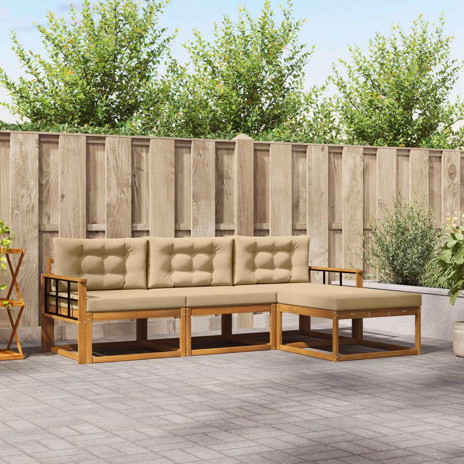 Set di divani da esterno vidaXL in legno di acacia con cuscini, composizione a L con pouf, colore beige e marrone