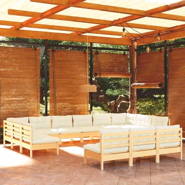 Set di Divani da Giardino a Forma di U vidaXL in Legno Massello di Pino con Cuscini Beige 13 Pezzi – 1