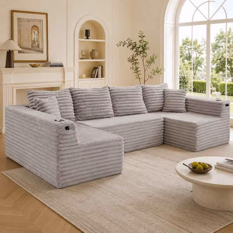 Divano a L in velluto a coste, 6 posti, con portabicchieri e tasche laterali, molle, ergonomico, 4 cuscini per lo schienale, 2 cuscini decorativi, soggiorno, grigio chiaro