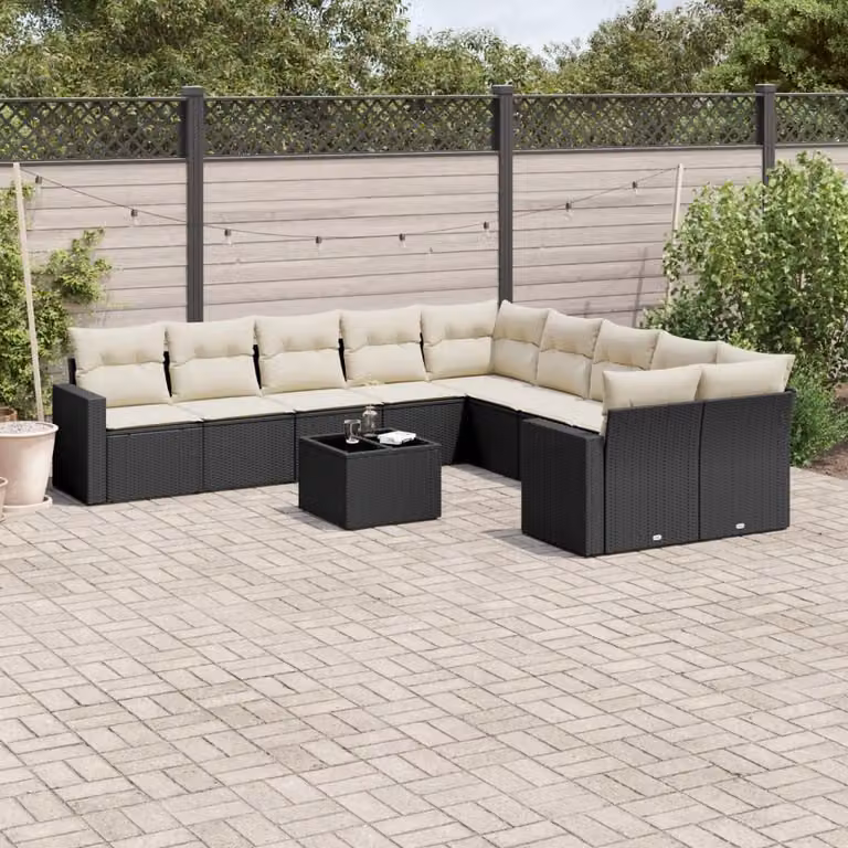 vidaXL Set Divani da Giardino 11 pz in Polyrattan Nero con Cuscini e Tavolino
