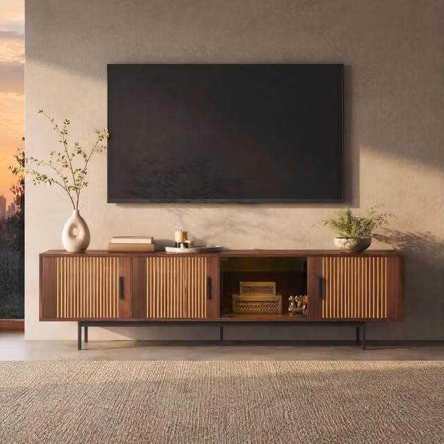Mobile TV Mivray moderno con striscia LED Bluetooth e controllo app, porte in vetro temperato, colore nero e marrone noce, L: 200 cm, P: 35 cm, H: 53 cm – 1