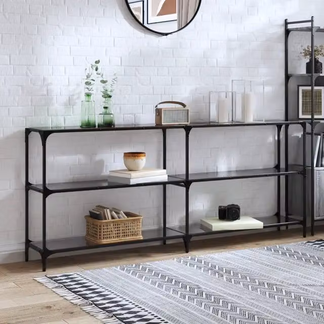Tavolino Consolle Moderno vidaXL con Piano in Vetro Nero e Struttura in Metallo L: 194,5 cm, P: 30 cm, H: 81 cm