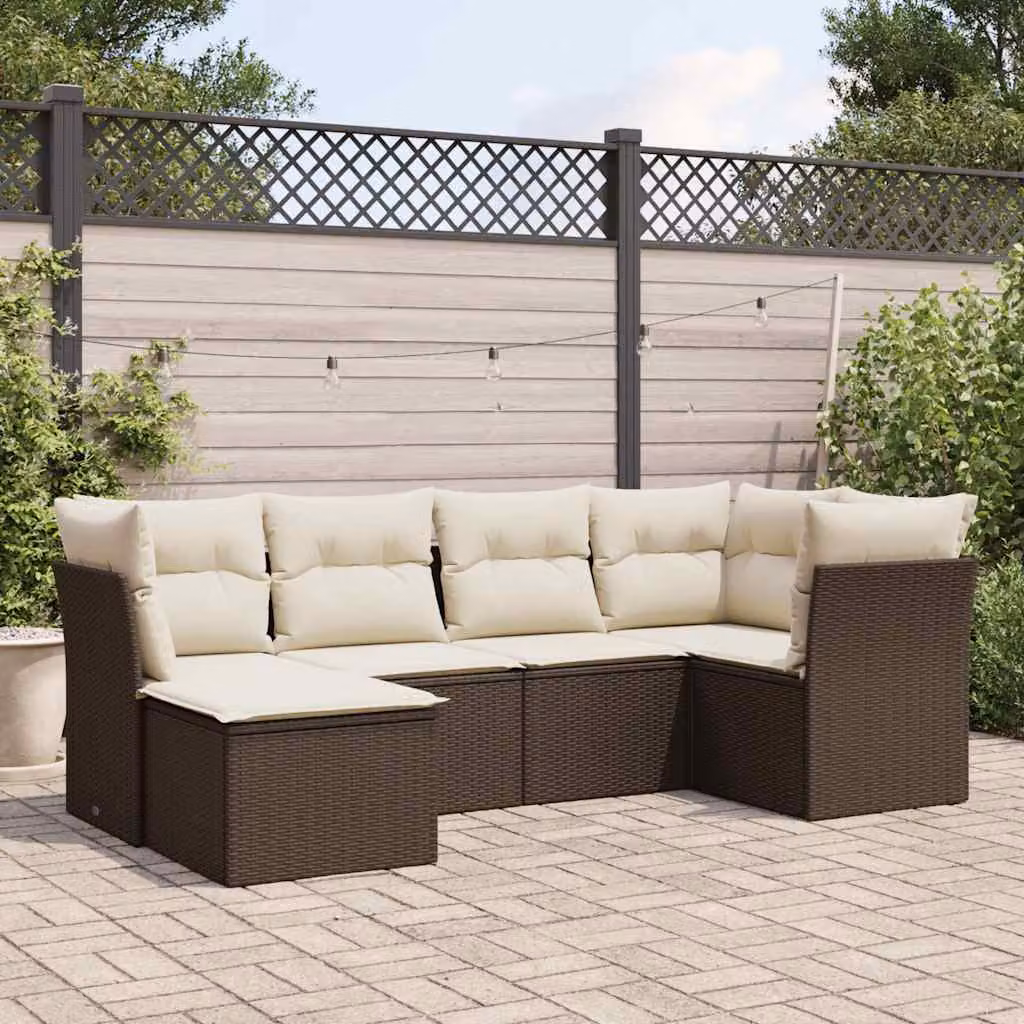 vidaXL Set Divano da Giardino 6 pz a L in Polyrattan Marrone e Bianco con Cuscini Imbottiti e Coperture Rimosse – 1