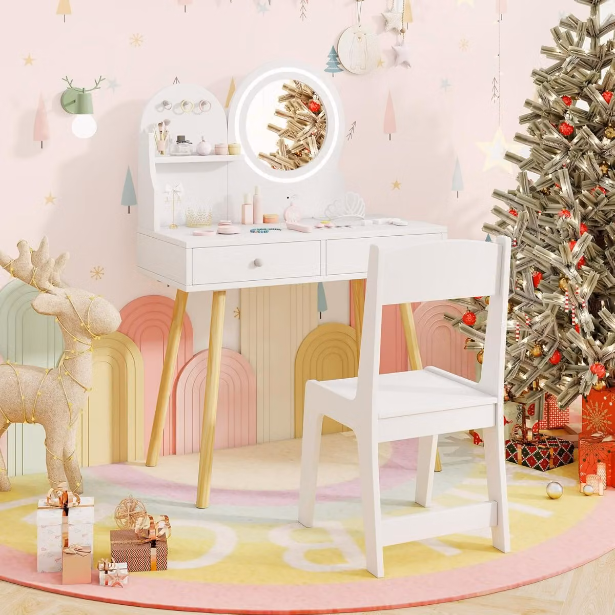 Set da trucco per bambini Costway con specchio illuminato LED, tavolo e sedia da principessa in MDF laccato Bianco