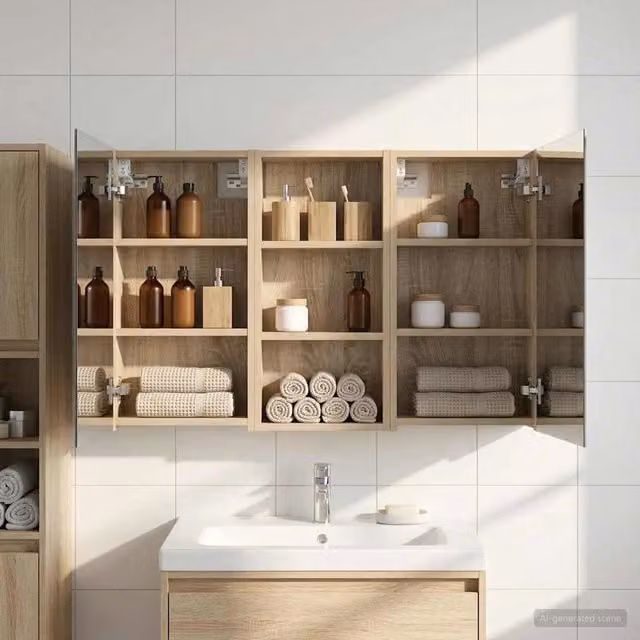 Set di 3 armadi da bagno moderni vidaXL in legno marrone con specchio e illuminazione LED, L/P/H: 110 x 10,5 x 60,5 cm