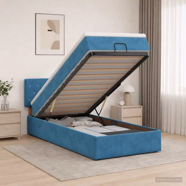 Letto ottomano con contenitore e materasso vidaXL in velluto blu, L: 200 cm, P: 80 cm, H: 40 cm – 1
