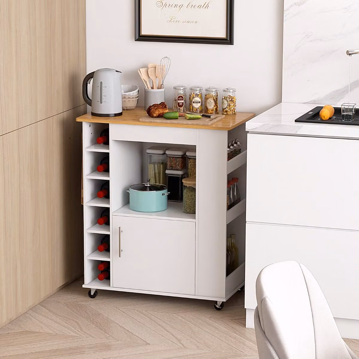 Isola da cucina con ruote e portabottiglie Costway con piano in bambù, Carrello da cucina bianco L: 76 cm, P: 44 cm, H: 89 cm