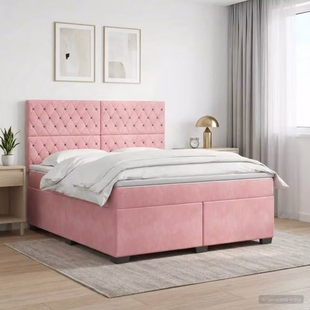Letto box spring con materasso vidaXL in velluto rosa e bianco, base con contenitore e molle a tasche, L/P: 140 x 200 cm