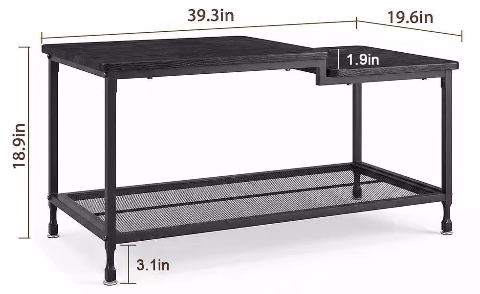Tavolino da salotto industriale - Tavolino rettangolare a 2 piani - Struttura in metallo con ripiano a griglia - Con spazio contenitivo - Facile da montare - Colore: nero
