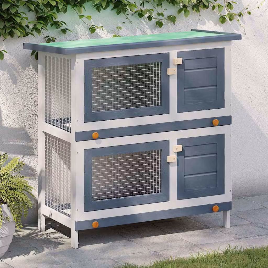 Conigliera per esterni vidaXL in legno di pino laccato grigio con 4 porte resistente alle intemperie per piccoli animali