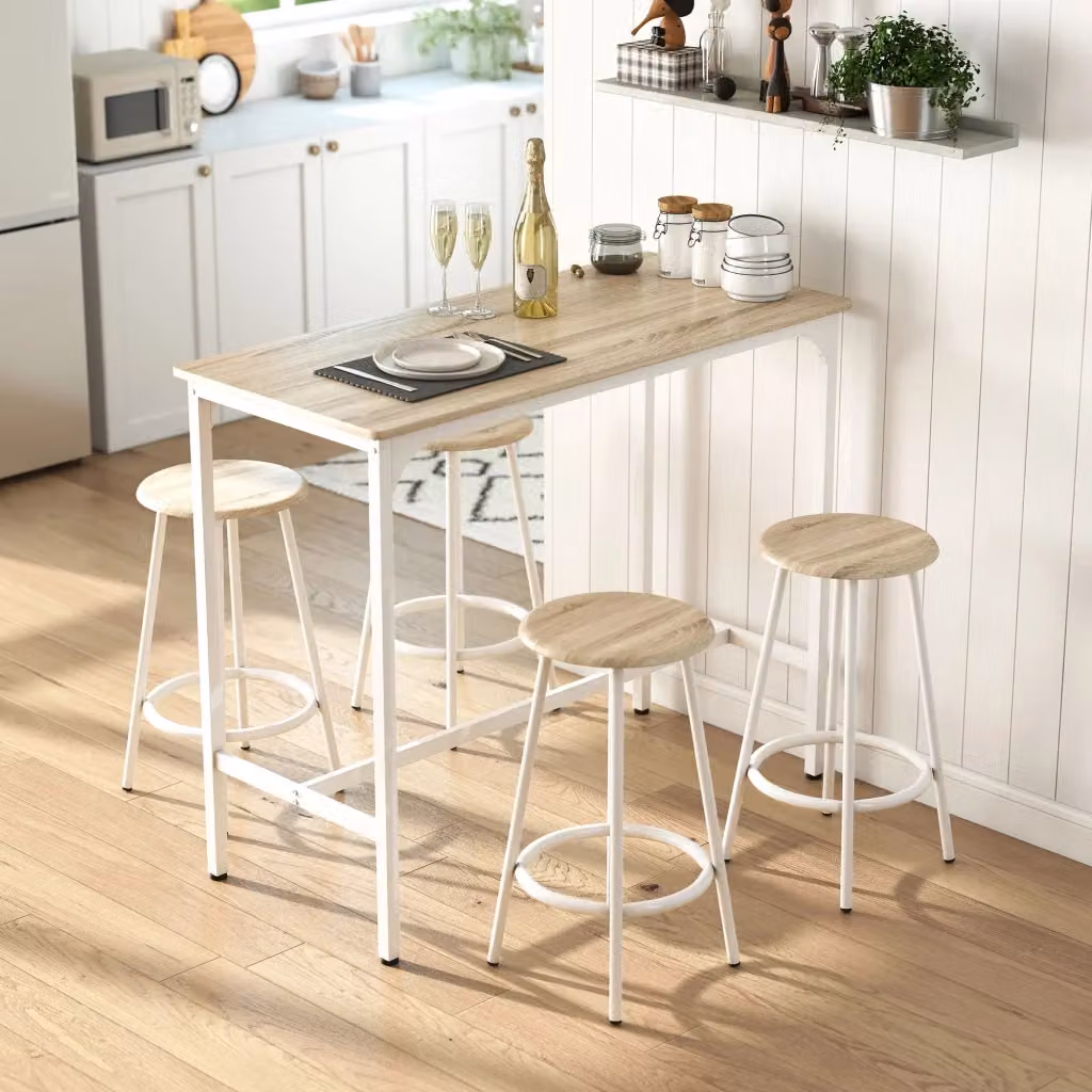 Set da Pranzo Industrial GIORDANOSHOP composto da Bancone da Bar e 4 Sgabelli in Legno, Metallo e MDF, Colore Bianco, L/P/H: 110 x 50 x 89,5 cm e Sgabelli Ø30 x 60,5 cm – 2