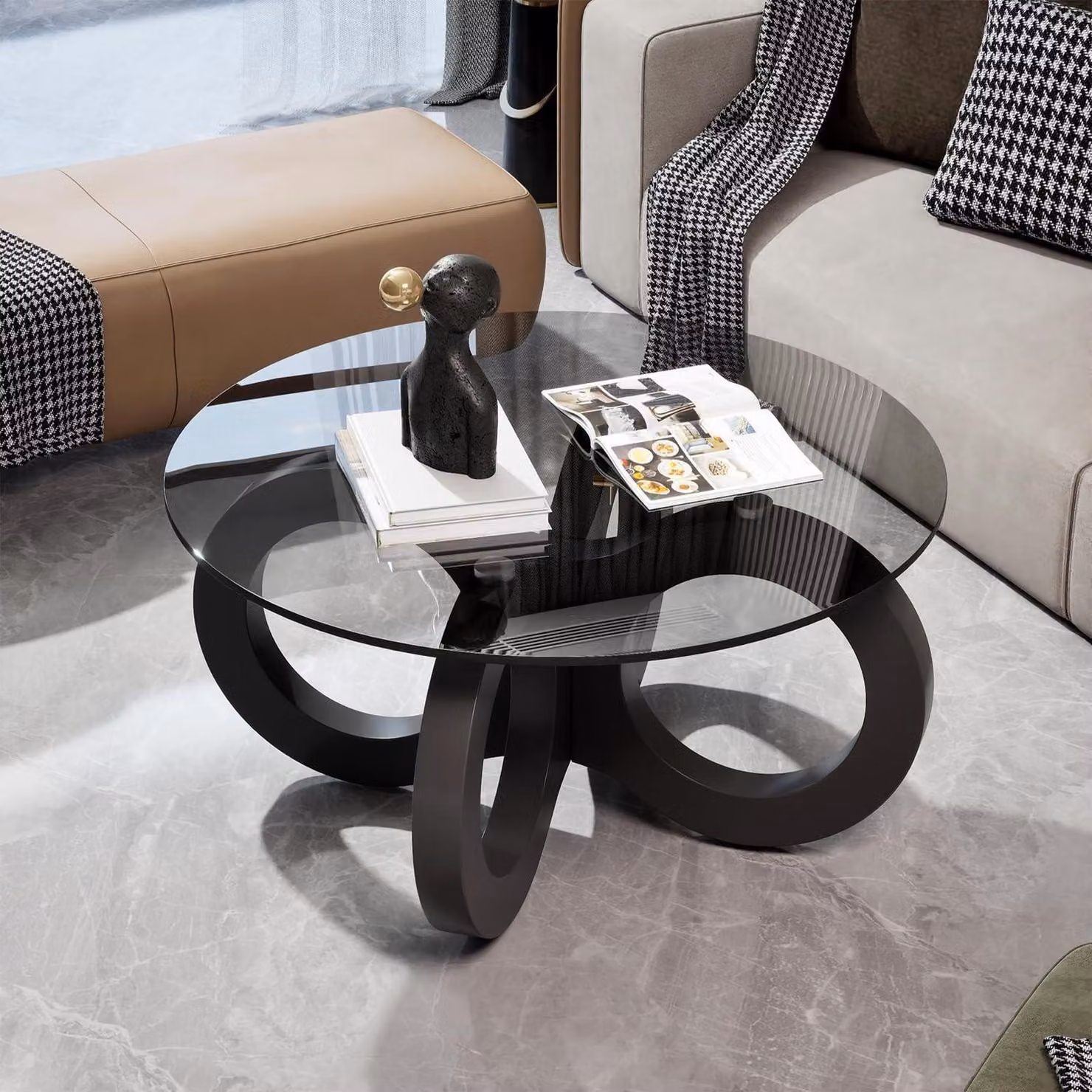 Tavolino da caffè in vetro, rotondo, diametro 80 cm, con struttura nera e design curvo