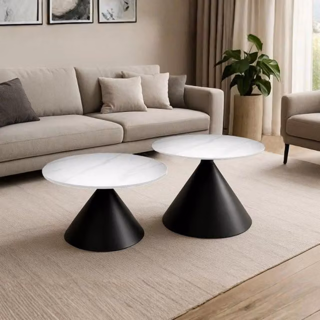 Set 2 tavolini da salotto basso Punto con piano effetto marmo bianco e gambe in metallo nero