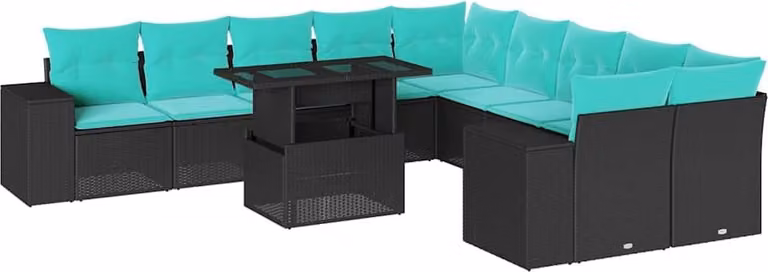 set di divani da giardino da 11 pezzi con cuscini, in polyrattan nero