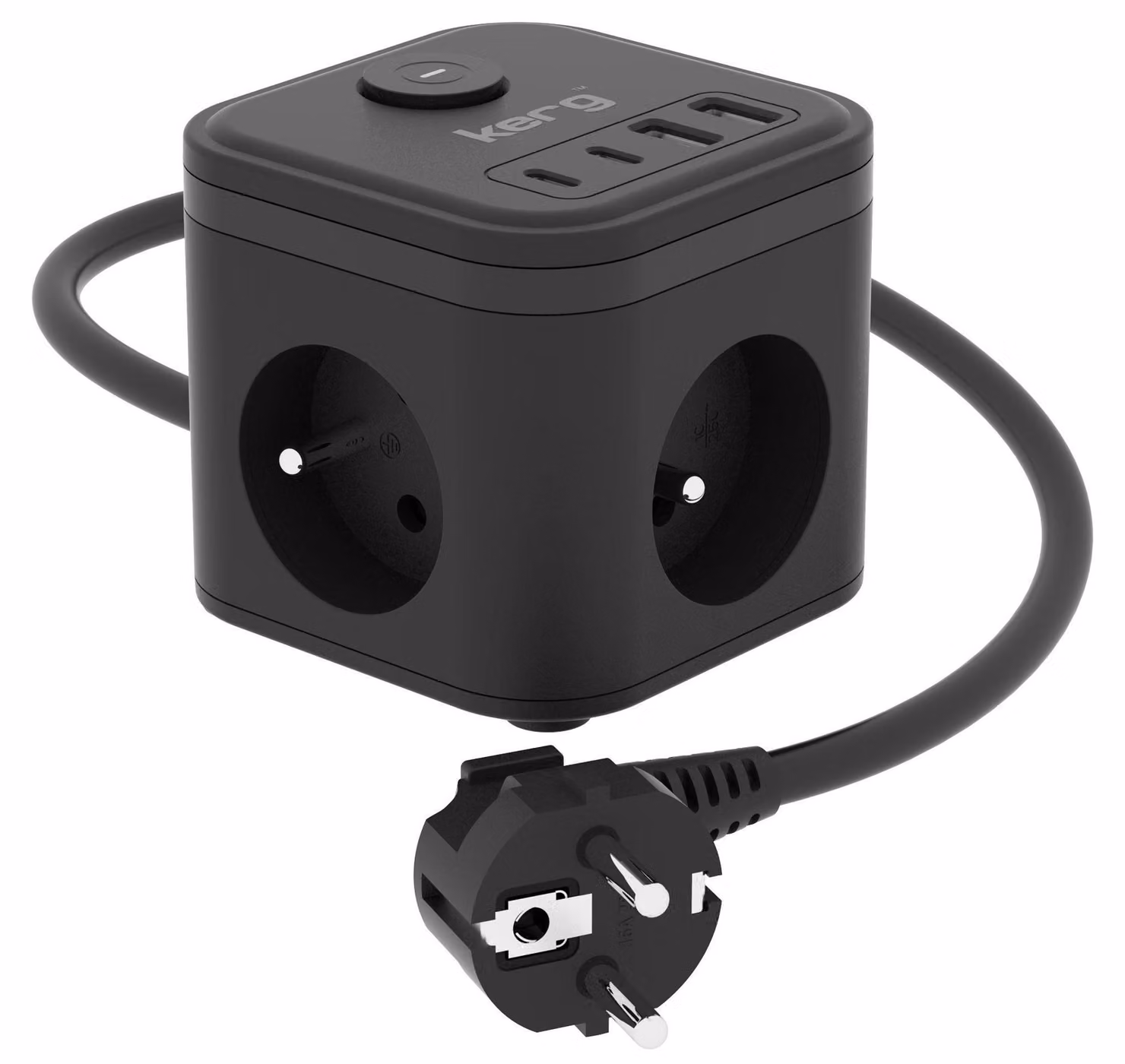 Ciabatta Kerg con 3 prese + caricabatterie USB-A e USB-C, cavo da 1,5 metri, sezione 3×1,5 mm², tipo H05Vv-F, 16A/250V, colore nero