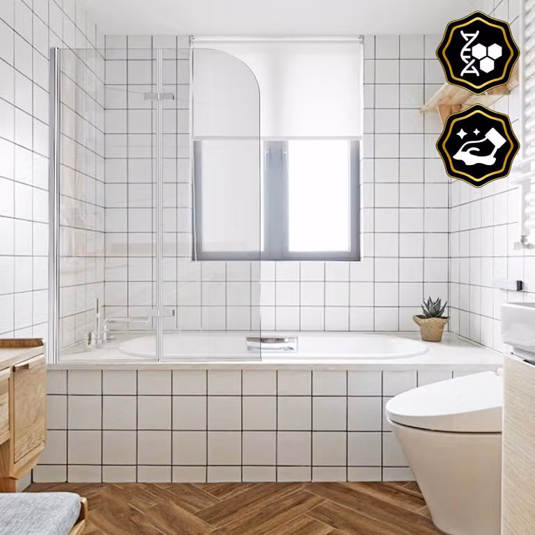 Ikodm, paravento doccia angolare per vasca da bagno, composto da 2 elementi, dimensioni 100 x 140 cm, pannello doccia pieghevole per vasca, vetro temperato di sicurezza da 6 mm, apertura fino a 180°, colore argento, vetro trasparente