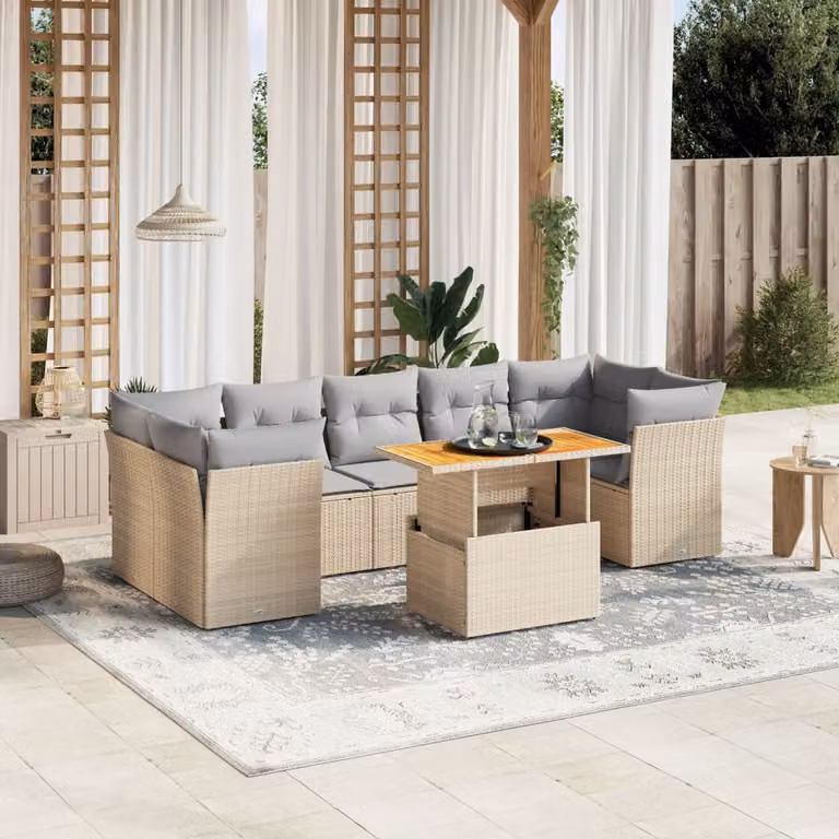 vidaXL Set Divano da Giardino a L 8 pz con Cuscini Beige e Tavolino, Design Moderno in Polyrattan e Legno di Acacia