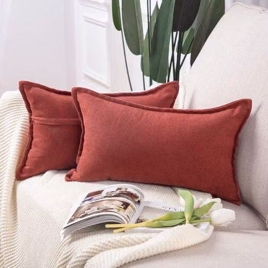 Set da 2 federe decorative in ciniglia color bordeaux, 40x60 cm, rettangolari, morbide