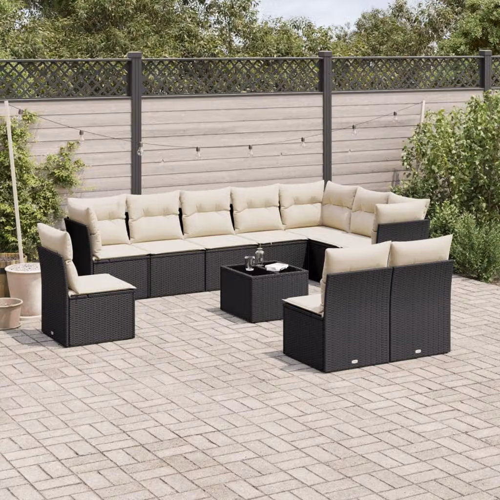 vidaXL Set Divani da Giardino 11 pz a Forma a L con Cuscini e Tavolino da Caffè Nero – 1