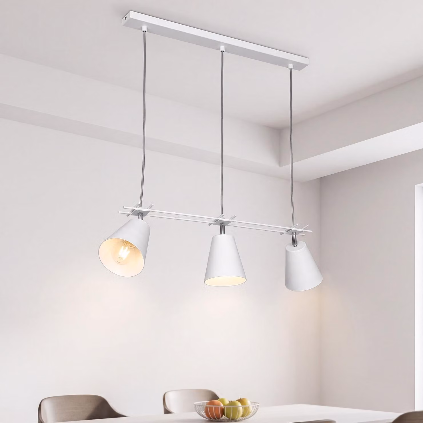 Lampada a sospensione funzionale (profondità fino a: 0,8 m, a 3 luci, moderna, in bianco, paralume a imbuto) faretto a sospensione per la sala da pranzo lampada a sospensione lampada a sospensione lampada a sospensione lampada a sospensione