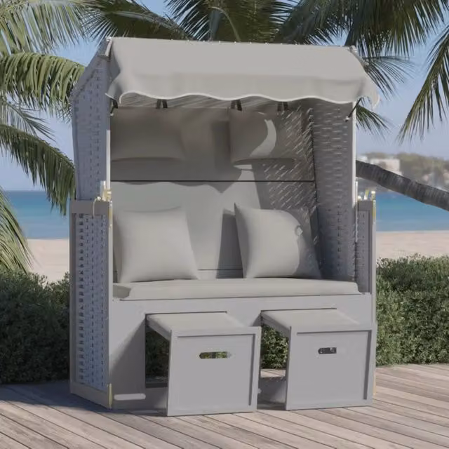 Strandkorb vidaXL in Polyrattan e Legno con Cuscini e Tendalino, Grigio, L: 133 cm, P: 115 cm, H: 76 cm – 1