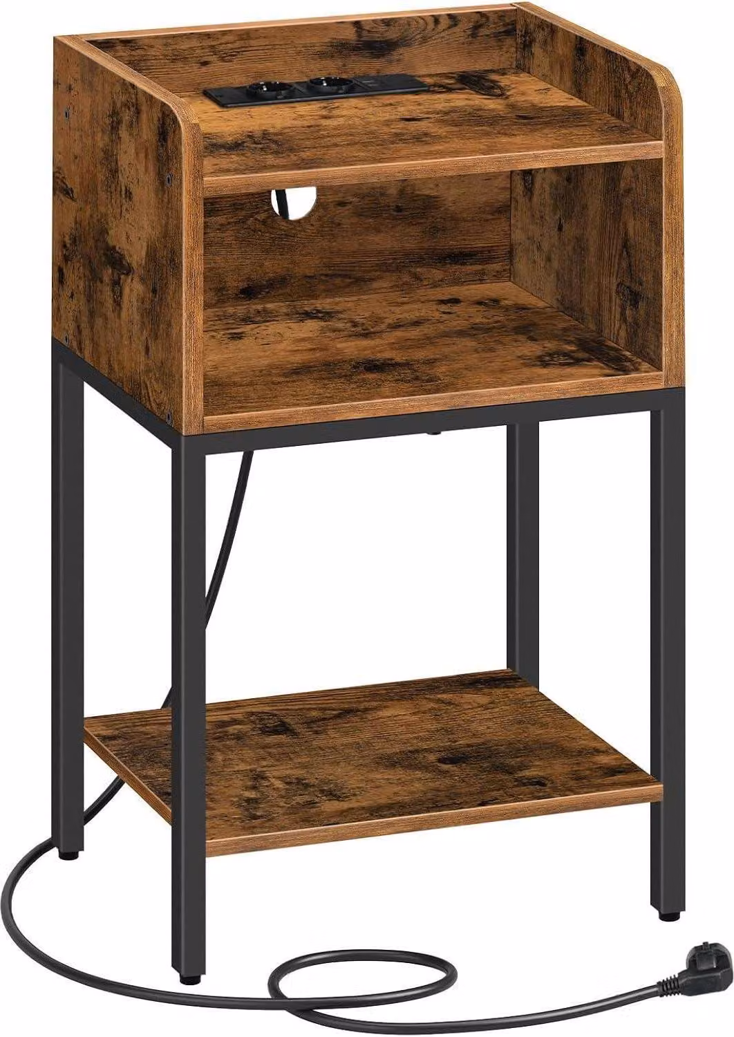 Comodino con stazione di ricarica e porte USB Marrone vintage/nero