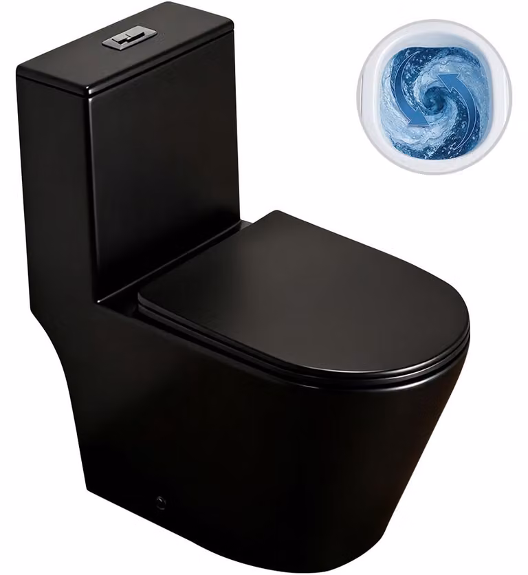 WC combinato Marmo, Double Vortex - scarico a vortice + sedile Slim/SoftClose - scarico a pavimento/posteriore - nero opaco - 70x36 cm