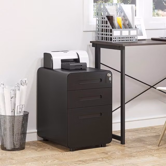 Cassettiera da ufficio WISHDOR in acciaio nero con 3 cassetti, serratura e rotelle omnidirezionali