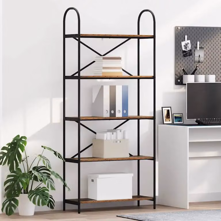 Libreria moderna vidaXL a 5 livelli in legno e metallo, L 80 cm x P 30 cm x H 183 cm, disponibile in nero e marrone
