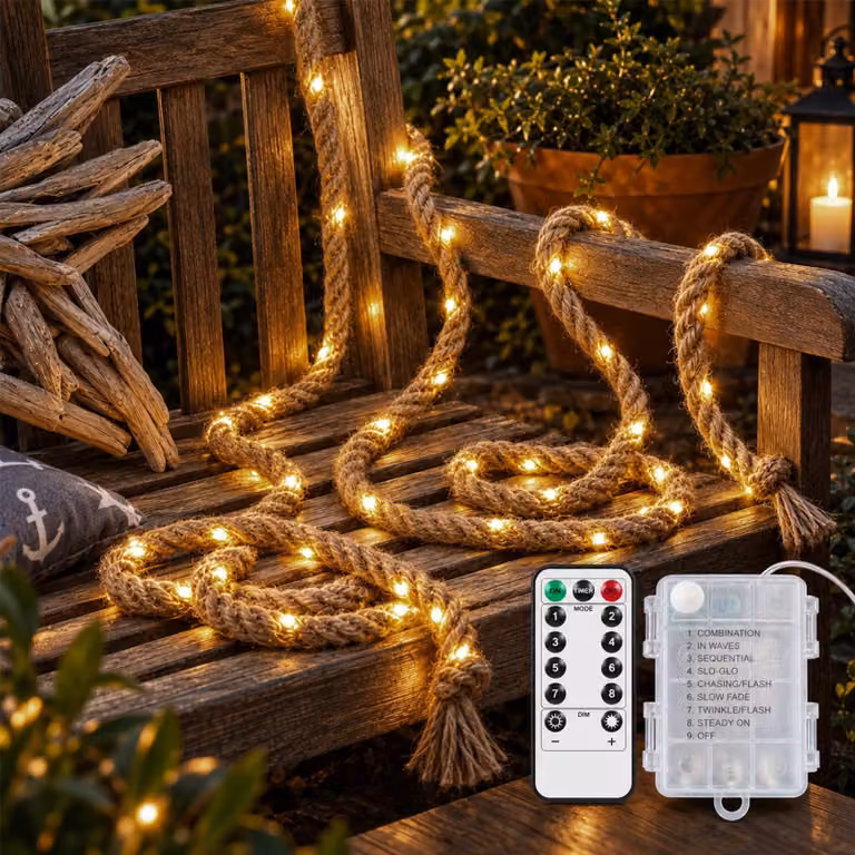 Catena luminosa in corda di canapa, lunghezza 3 metri, 60 LED, luce bianco caldo, alimentazione a batteria
