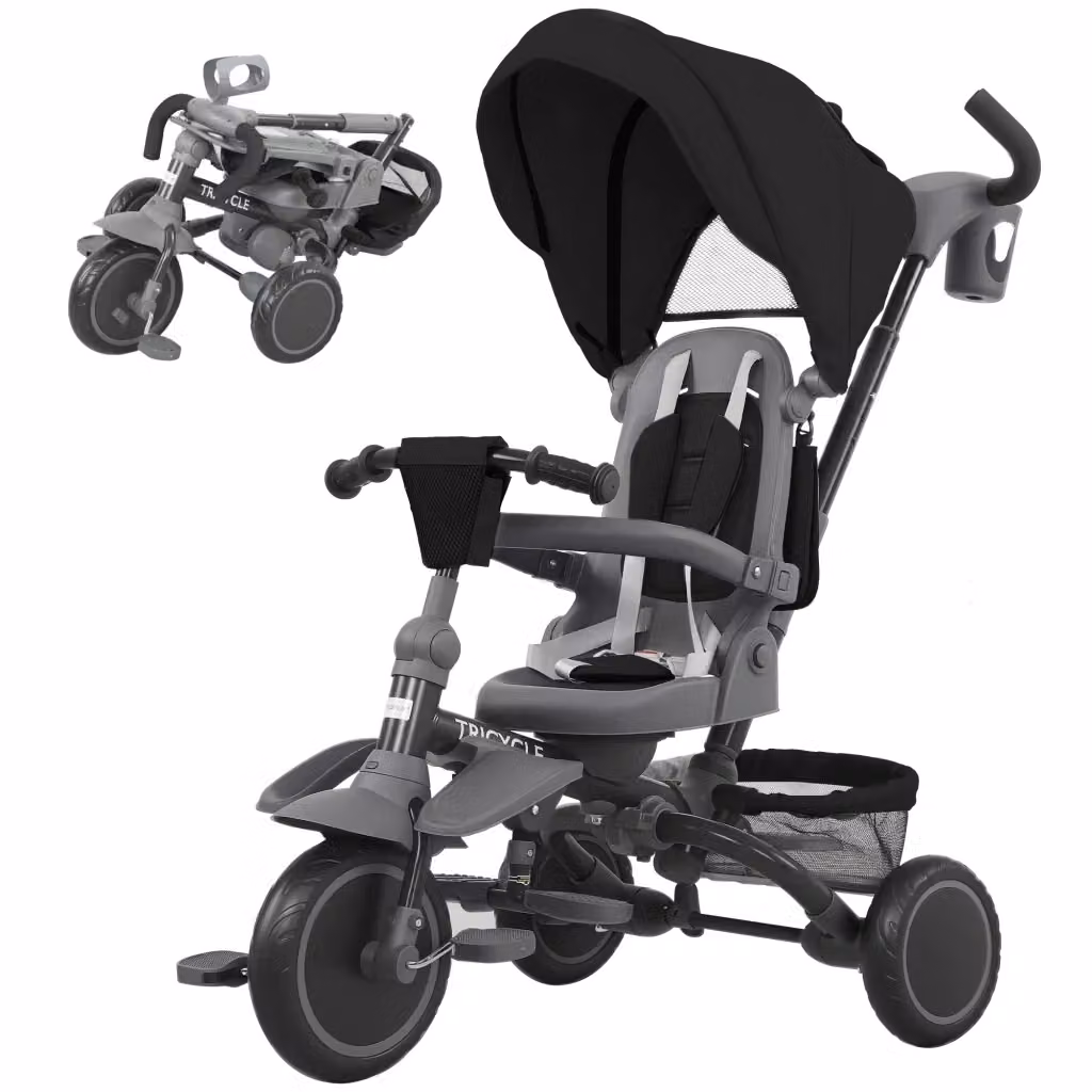 Triciclo Bambini Minimal Nero Pieghevole con Ruote Orientabili e Maniglia Regolabile H 98 x L 111,5 x P 52 cm – 2