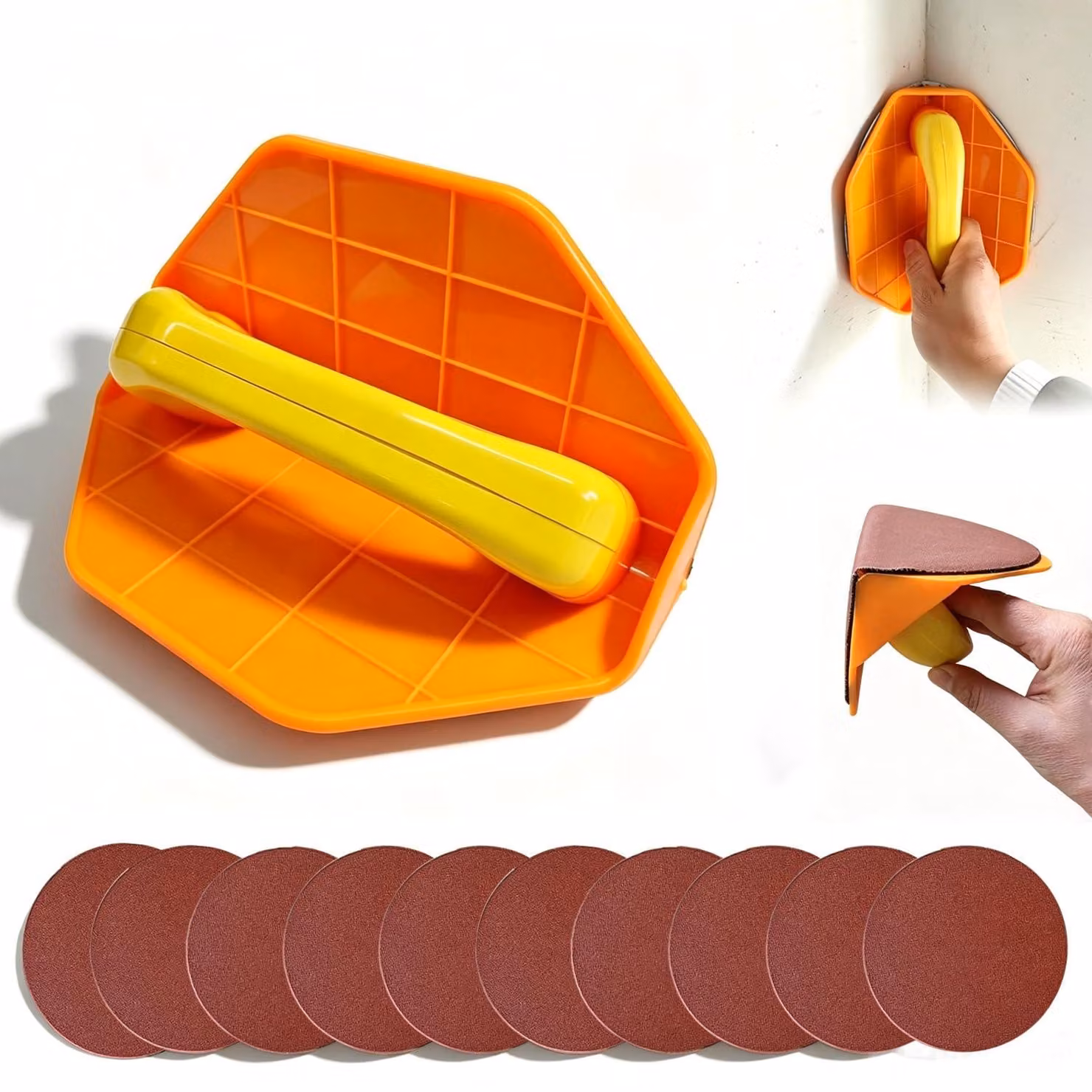 Kit di levigatura da 23 cm per cartongesso, con smerigliatrice angolare a forma semicircolare e 10 fogli di carta abrasiva rotonda