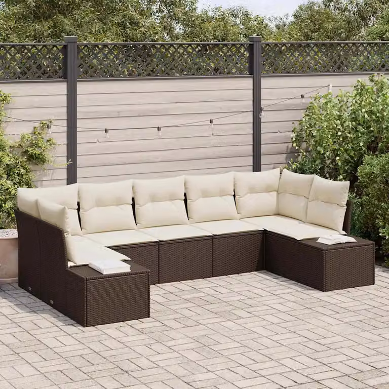 Set Divano da Giardino a L vidaXL 7 posti Marrone e Beige con Cuscini e Struttura in Metallo e Rattan