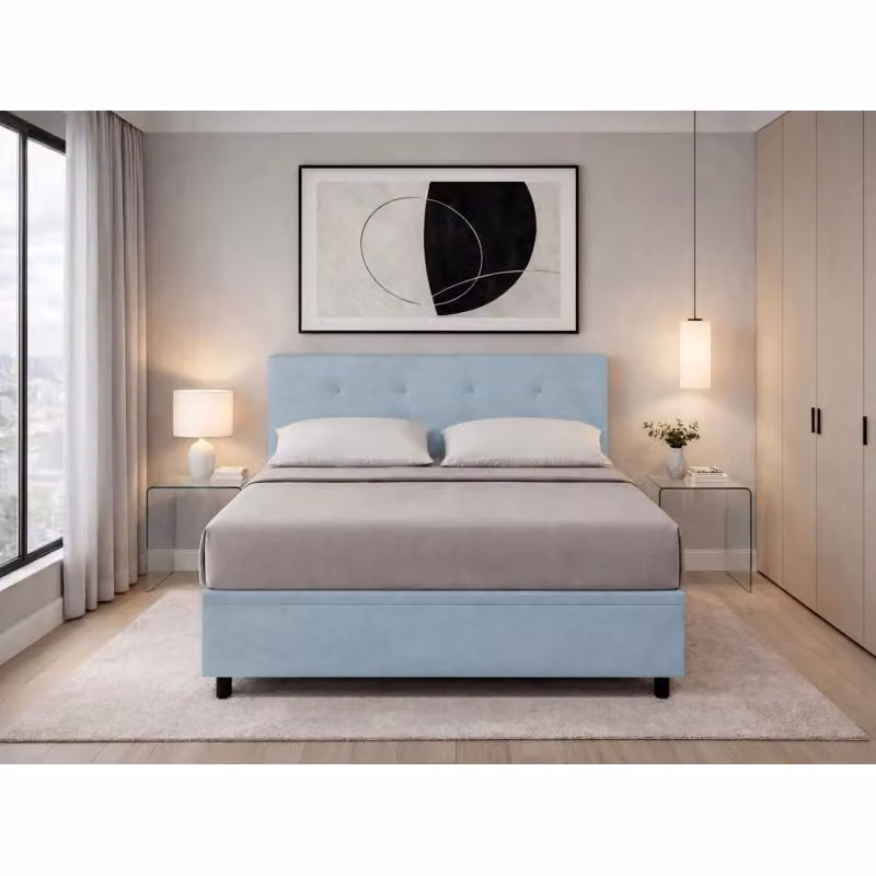 Letto matrimoniale con contenitore Ityhome Button in microfibra azzurro L: 160 cm, P: 200 cm – 2