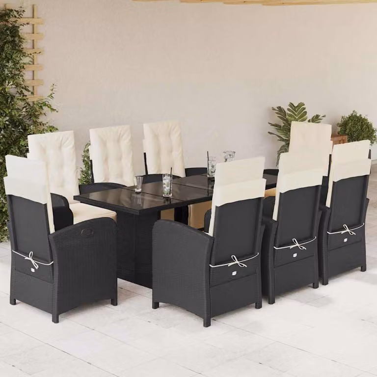 Set da Pranzo da Giardino vidaXL in Polyrattan Nero con Cuscini e Tavolo in Vetro, 9 Pezzi