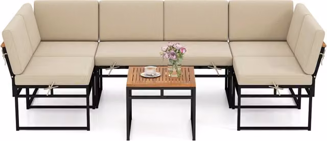 Set divano da esterno a L composto da 6 pezzi con struttura in metallo bianco, cuscini beige e tavolino in legno di acacia per giardino e terrazza – 1